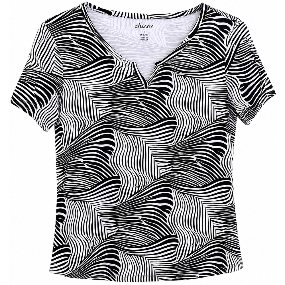 Chico's Womens Large Zebra Print Top Notch V Neck Short Sleeve Cotton Resortwear - Picture 2 of 9